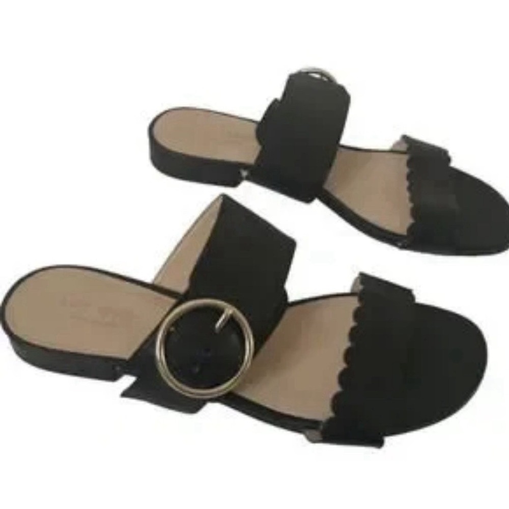 Kate Spade Faye Black Scalloped Buckle Flat Sandals Size 5.5